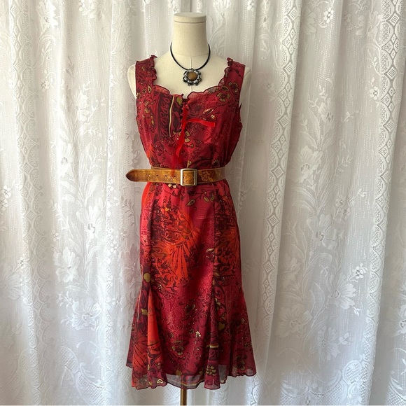 Vintage 2000's Red Patterned Midi Dress! - Picture 1 of 7